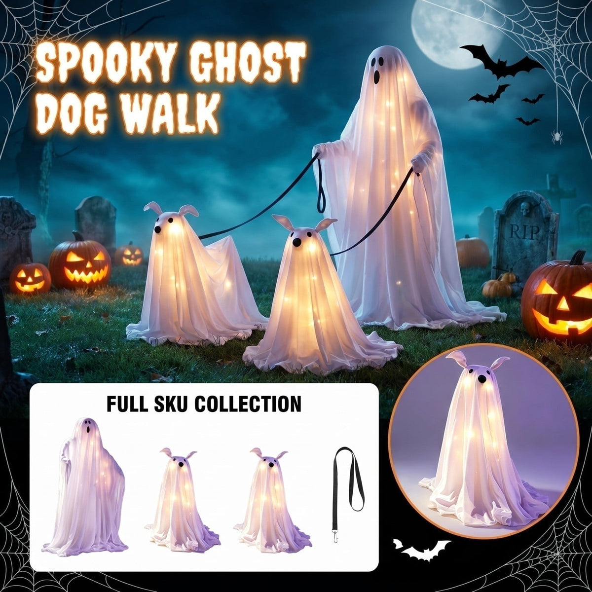 Haunt & Co Halloween Decorations, LED Lighted Ghost Walking Dog Statues, Spooky Halloween Indoor Decor for Home Tabletop Patio Garden Ornament (Ghost*1?? Ghost Dog*2)