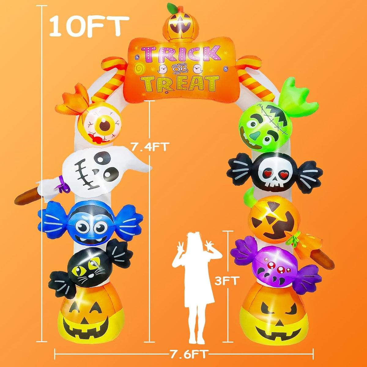 Haunt & Co 10FT Inflatable Candy Ghost Pumpkin Archway with Built-in Lights - Giant Outdoor Yard & Garden Decoration for Halloween, Indoor/Outdoor Use