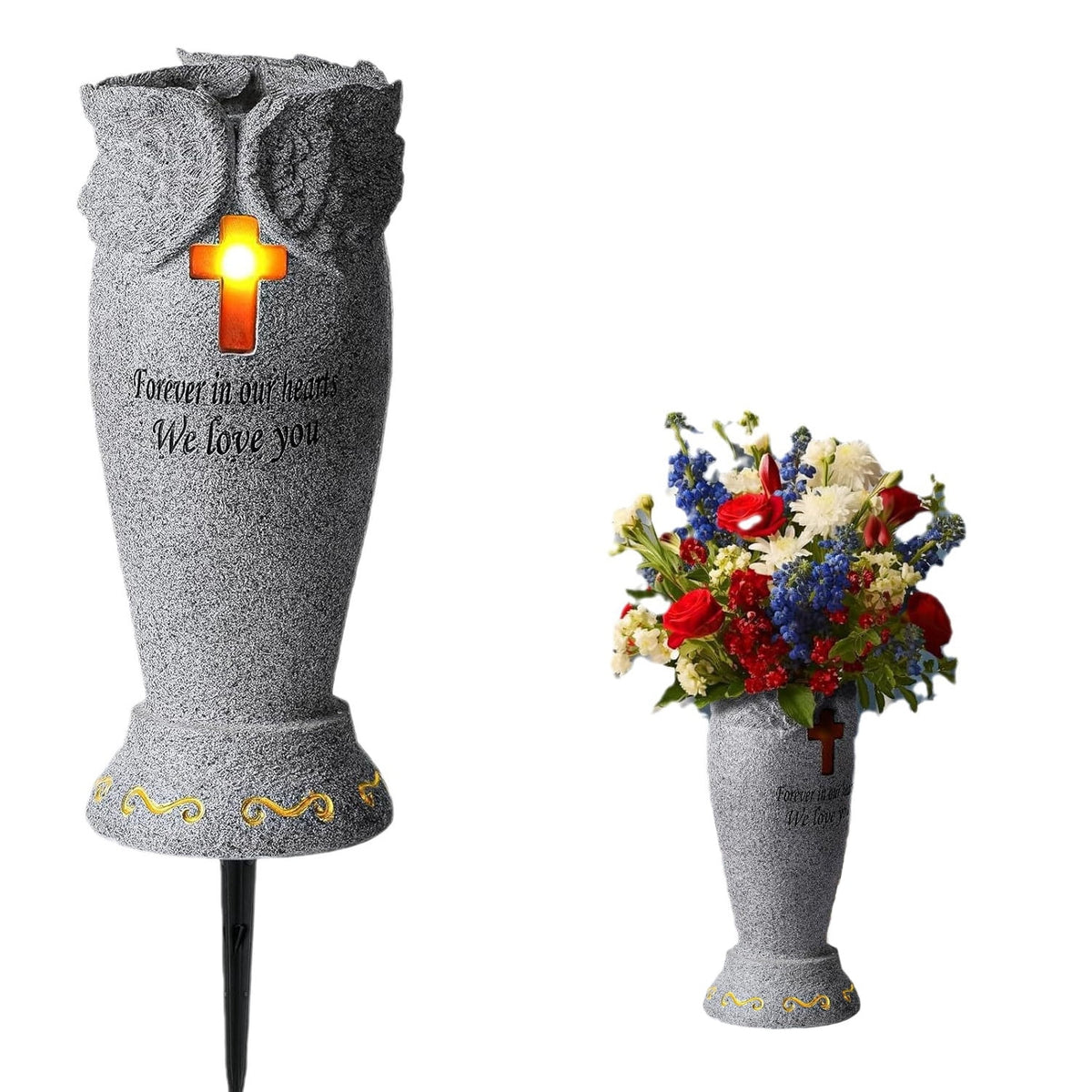 Haunt & Co Fridja Cemetery Grave Flower Vase with Cross Solar Light Cemetery Decorations for Grave, Angel Vases with Spikes Grave Markers Decor for Cemetery for Humans or Pet, Garden Memorial Gifts for Loved One