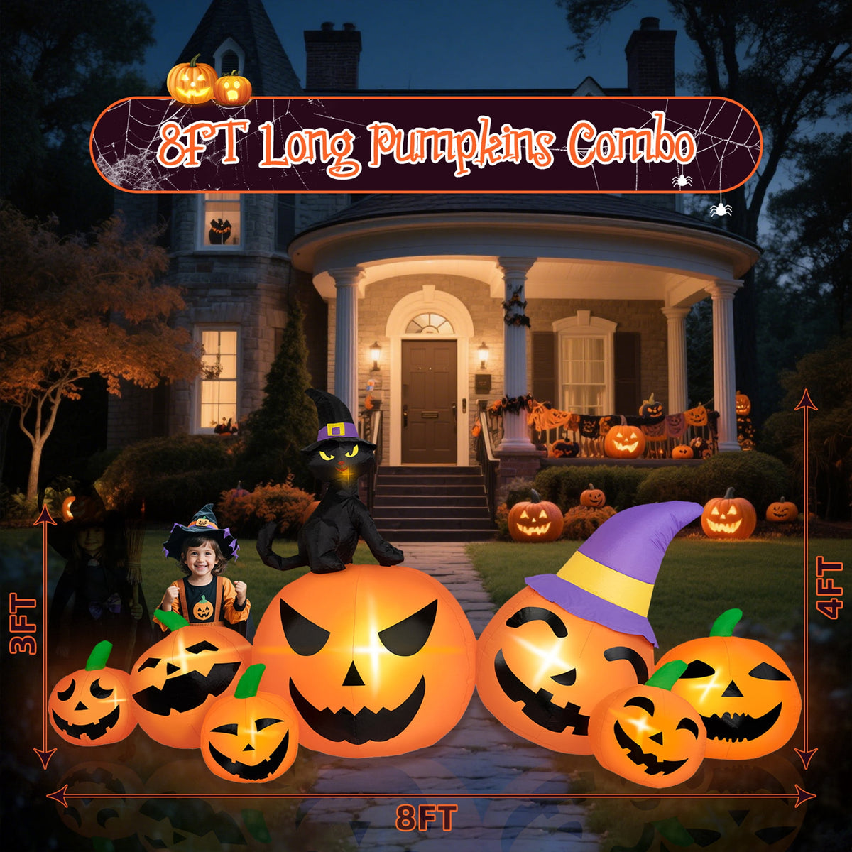Haunt & Co B&D 8FT Long Halloween Inflatables Pumpkin, Blow Up Pumpkins Inflatables with Witch Hat & Black Cat Built-in LED Lights