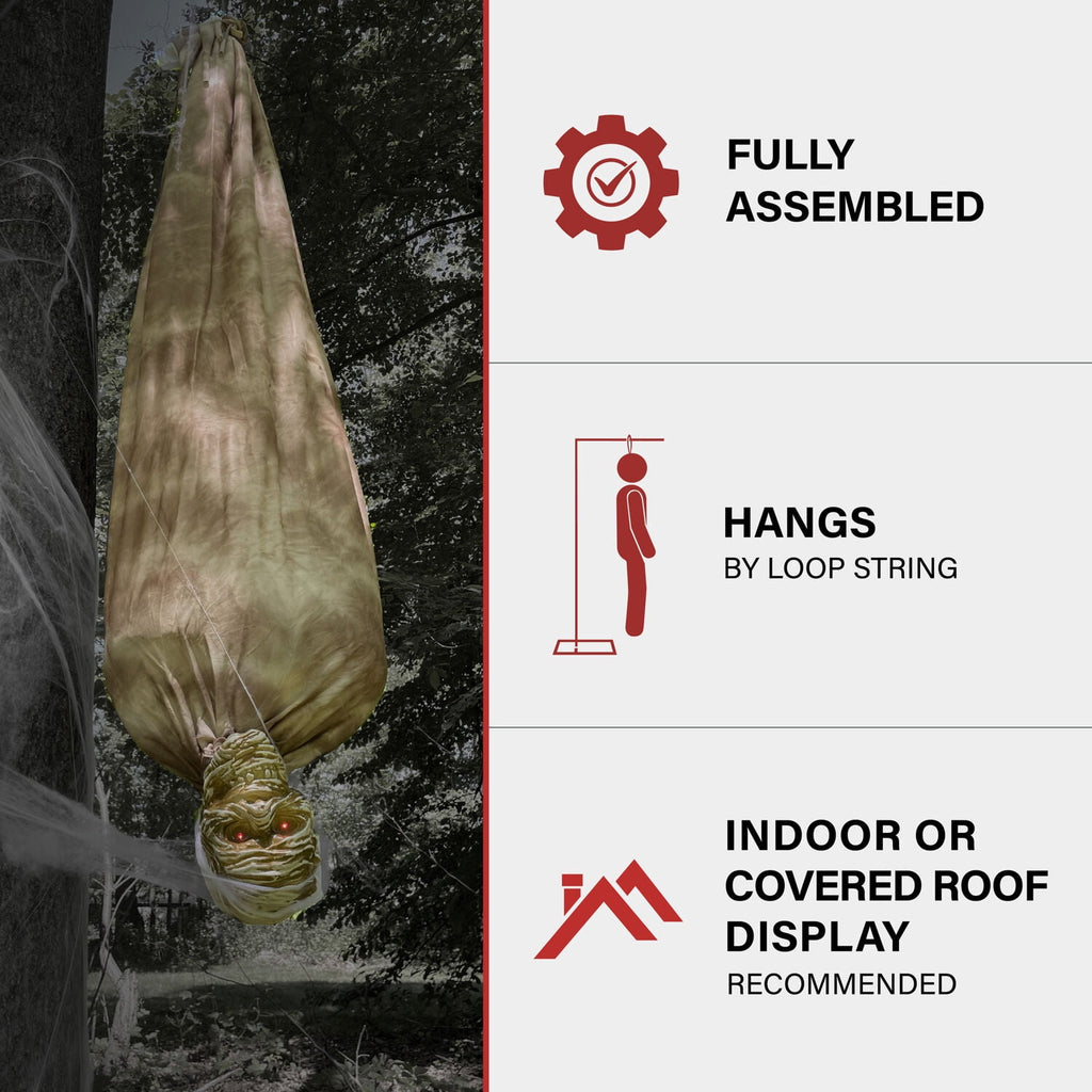 Haunt & Co 5 ft Animatronic Upside-Down Shaking Mummy with Sounds and Light-Up Eyes for Scary