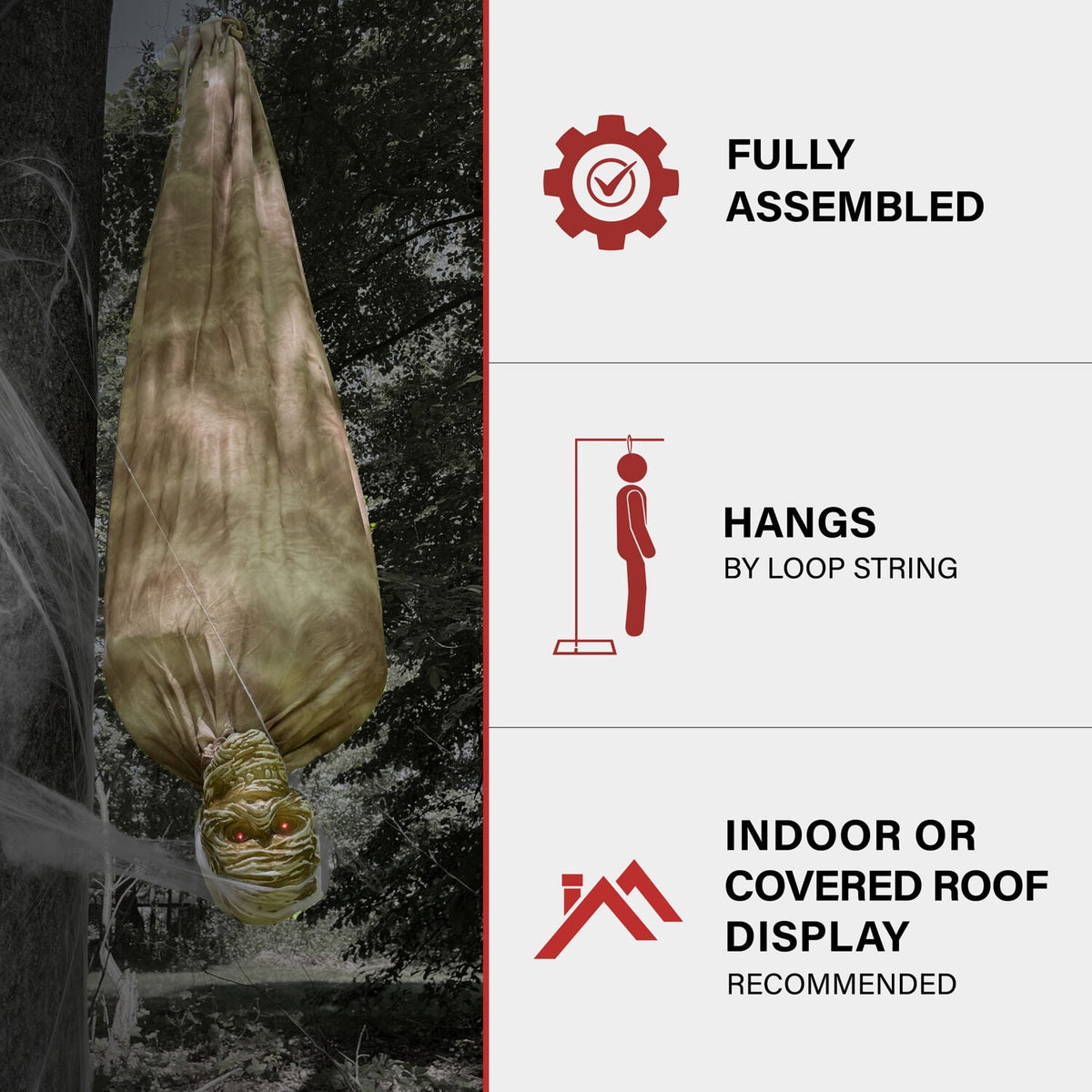 Haunt & Co 5 ft Animatronic Upside-Down Shaking Mummy with Sounds and Light-Up Eyes for Scary