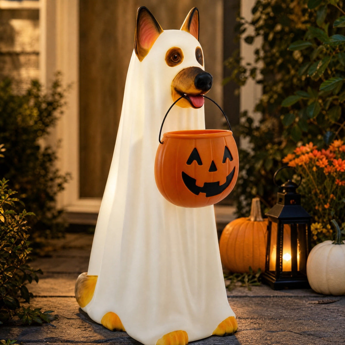Haunt & Co Clearance! Halloween Ghost Dog Statue with Pumpkin Candy Bowl, 14" LED Ghost German Shepherd Blow-Molded Figurine Outdoor, Halloween Candy Holder Decoration Gift for Porch Yard Patio Indoor
