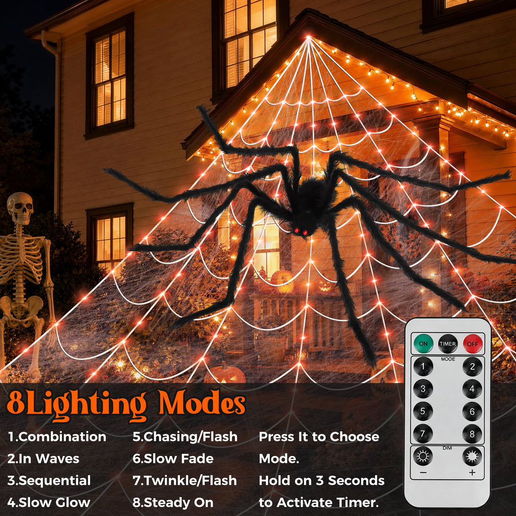 Haunt & Co Scidweet Outdoor, 350 LED Halloween Spider Web Lights with 79" Large Spider for Outside Garden Yard Home Decor, Orange