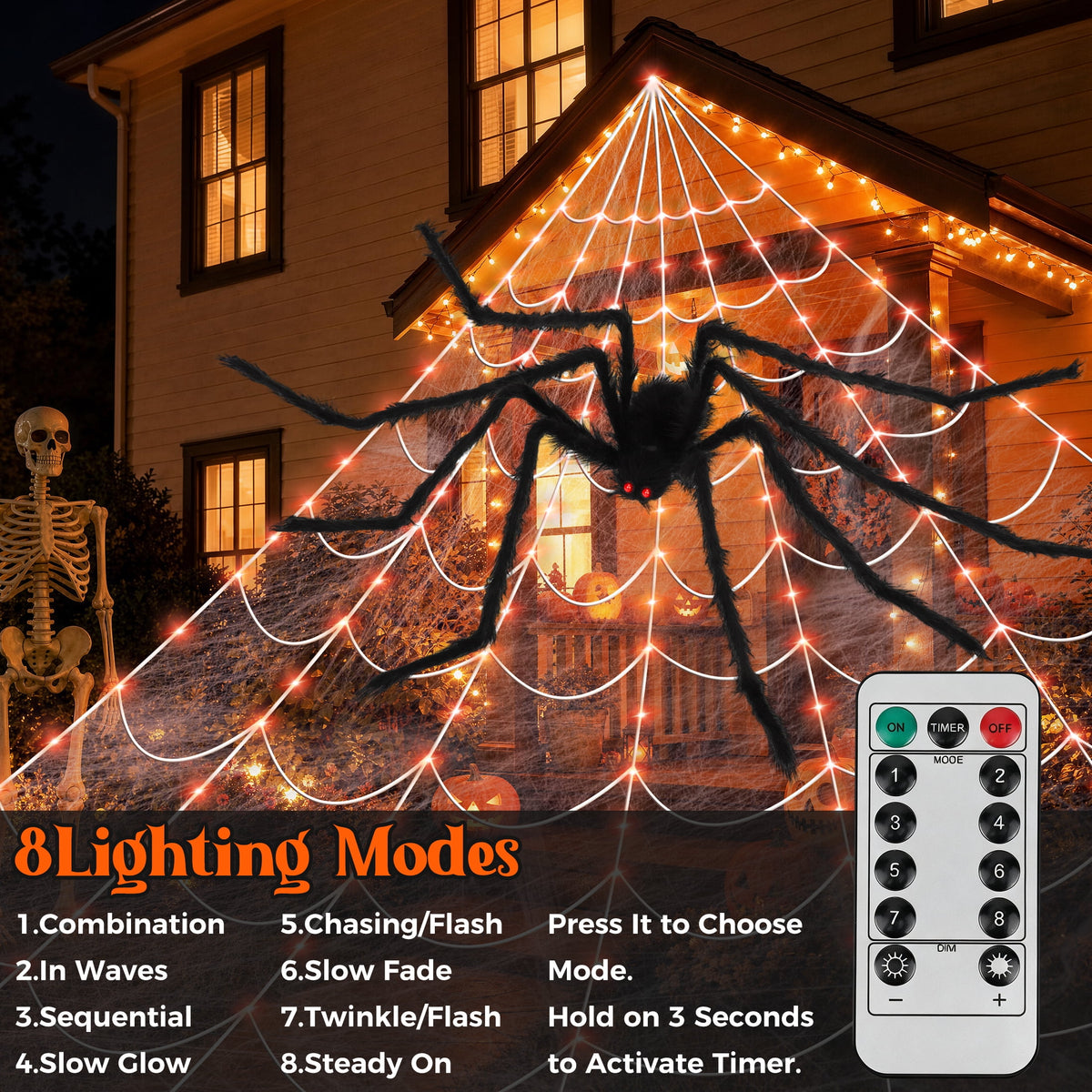 Haunt & Co Scidweet Outdoor, 350 LED Halloween Spider Web Lights with 79" Large Spider for Outside Garden Yard Home Decor, Orange