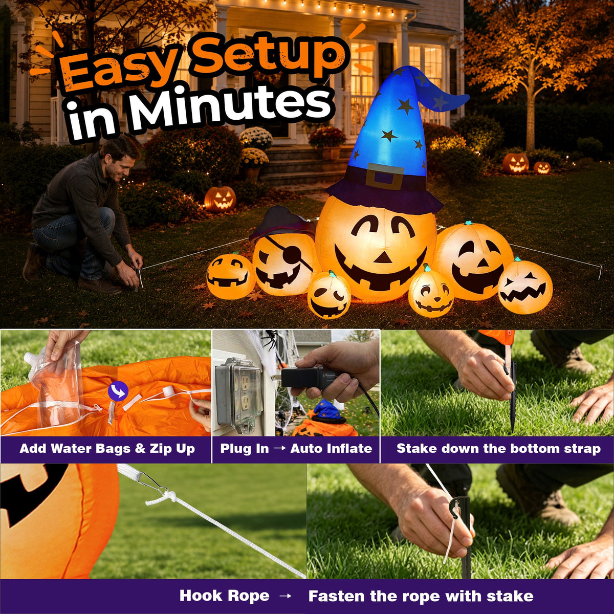 Haunt & Co 8.7ft Long Halloween Inflatable Pumpkin Decoration with Built-in LED Lights, Large Outdoor Blow-Up Yard Decor