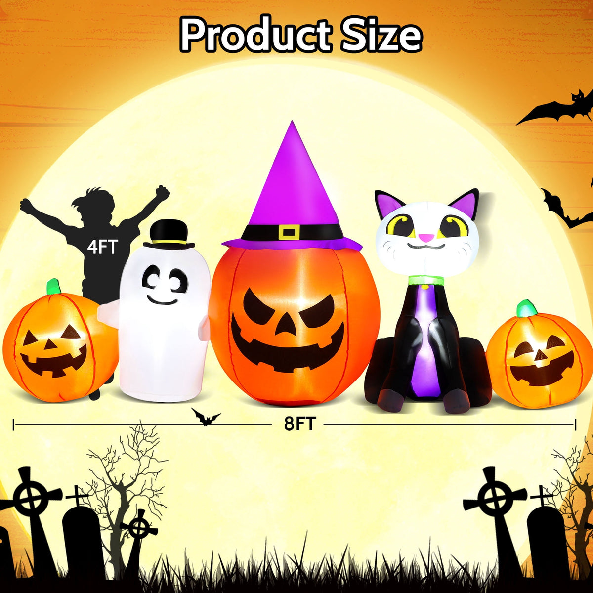 Haunt & Co 8ft Halloween Inflatable Pumpkins Outdoor Decor with Black Cat and Spectre,Built-in LED Lights