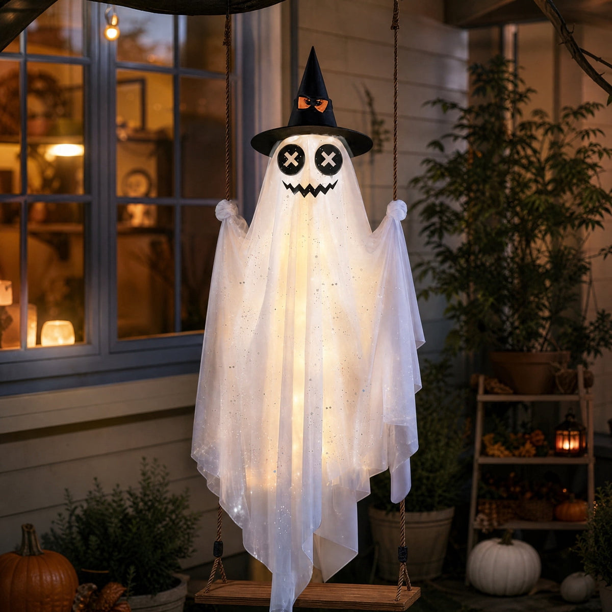 Haunt & Co Halloween Witch Hat Swinging Ghost Ornament, Flexible Anti Deform Structure Quick Mount Soft Cute Appearance, Fabric Ghost Pendant, Hanging Decor for Porch Indoor Holiday Party Space