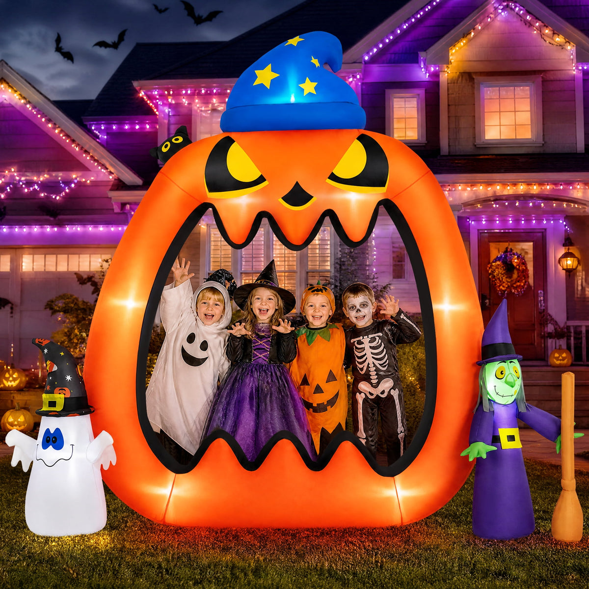 Haunt & Co 8.2ft Halloween Inflatable Pumpkins Photo Door with Ghost Witch Yard Party Outdoor Decorations with LED Lights