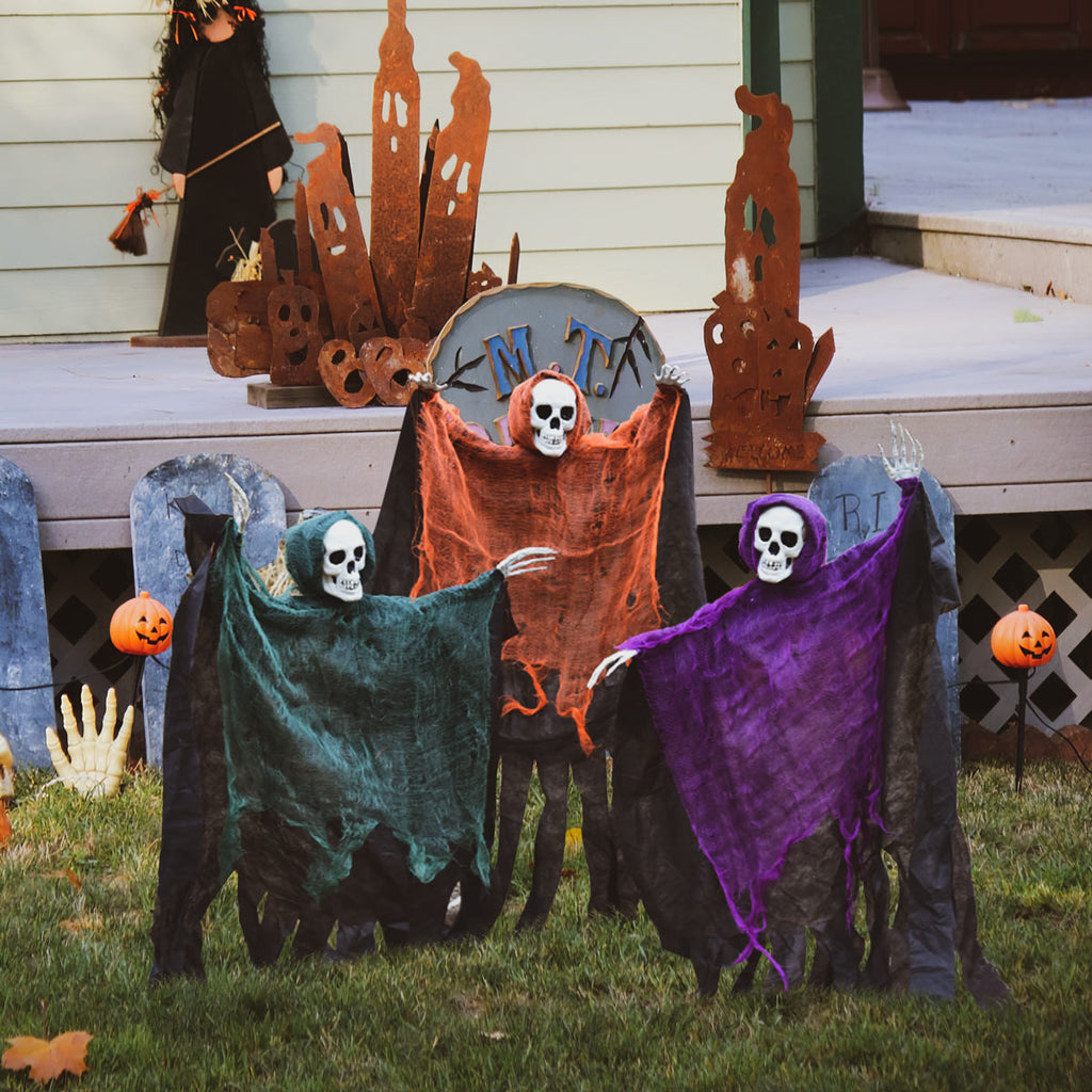 Haunt & Co Nifti Nest Halloween Skeleton, 3 Pcs Ghost Decorations, Halloween Props, Black,Green,Red