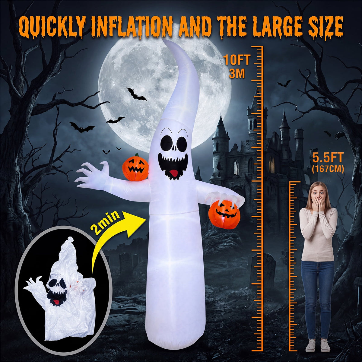 Haunt & Co VETPW Halloween Inflatable, 10 FT Giant Ghost Pumpkin Arch Inflatable Decoration with LED Light