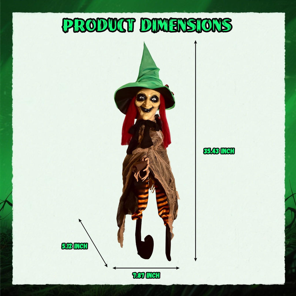 Haunt & Co Halloween LED Light-Up Flying Witch on Broomstick, Realistic Sound & Motion, Scary Animated Decoration with Kicking Legs