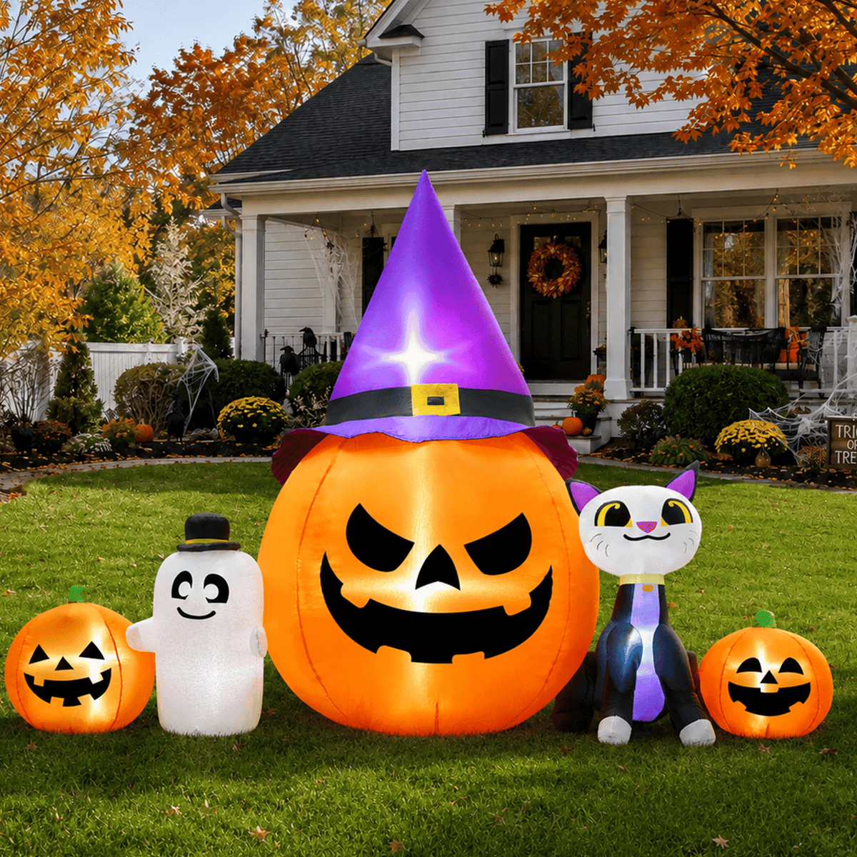Haunt & Co 8ft Halloween Inflatable Pumpkin & Black Cat Ghost with LED Lights - Outdoor Yard & Garden Decoration