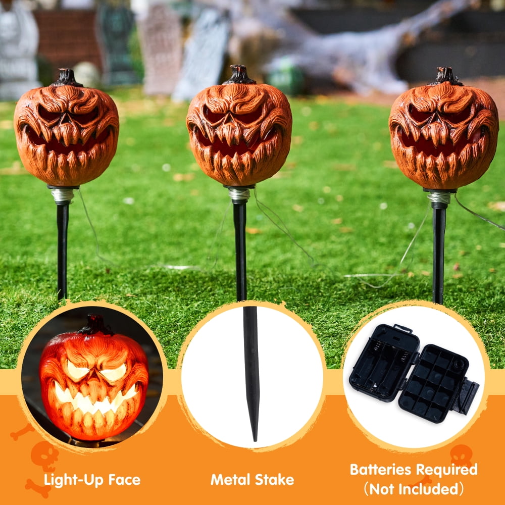 Haunt & Co 3 Pack Lighted Pumpkin Pathway Lights Stakes,Outdoor Jack-O-Lantern Waterproof Decorations,Scary Halloween Party Props Outdoor Yard Decor