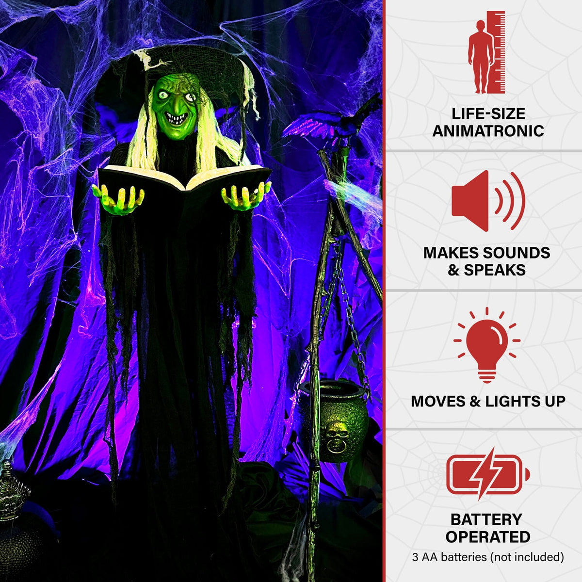 Haunt & Co 5.5 ft Poseable Witch with Spell Book, Lights and Sound, Indoor/Covered Outdoor