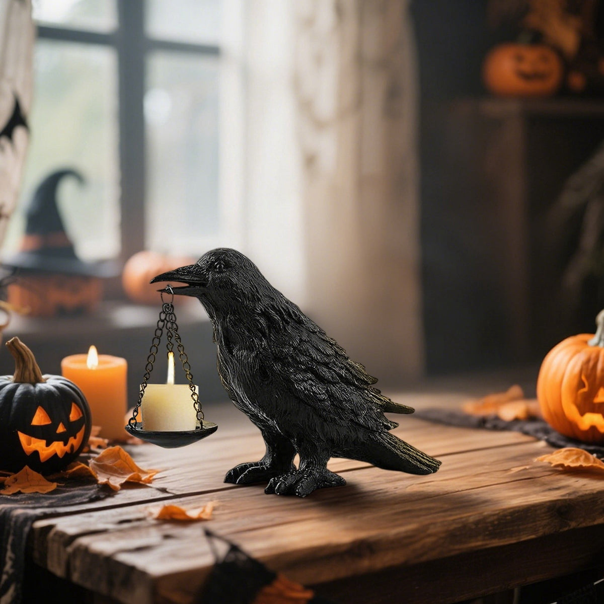 Haunt & Co Candle Holder Resin Statue for Halloween Decorations, Vintage Bird Table Centerpiece for Home Decor, Spooky Indoor Tealight Lamp Base for