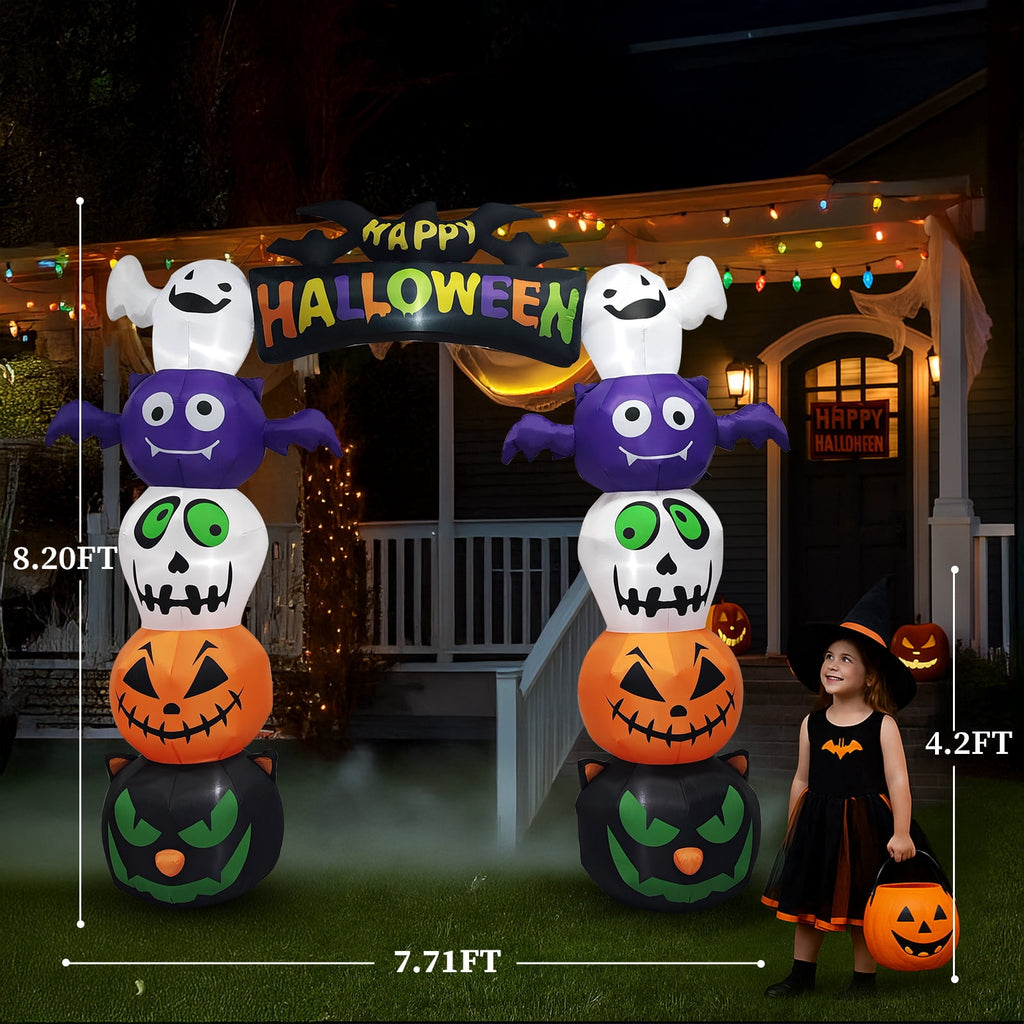 Haunt & Co 8.2' Halloween Inflatables Pumpkin Ghost Archway, Blow up Hallowee Decorations with Built-in LED Lights for Holiday