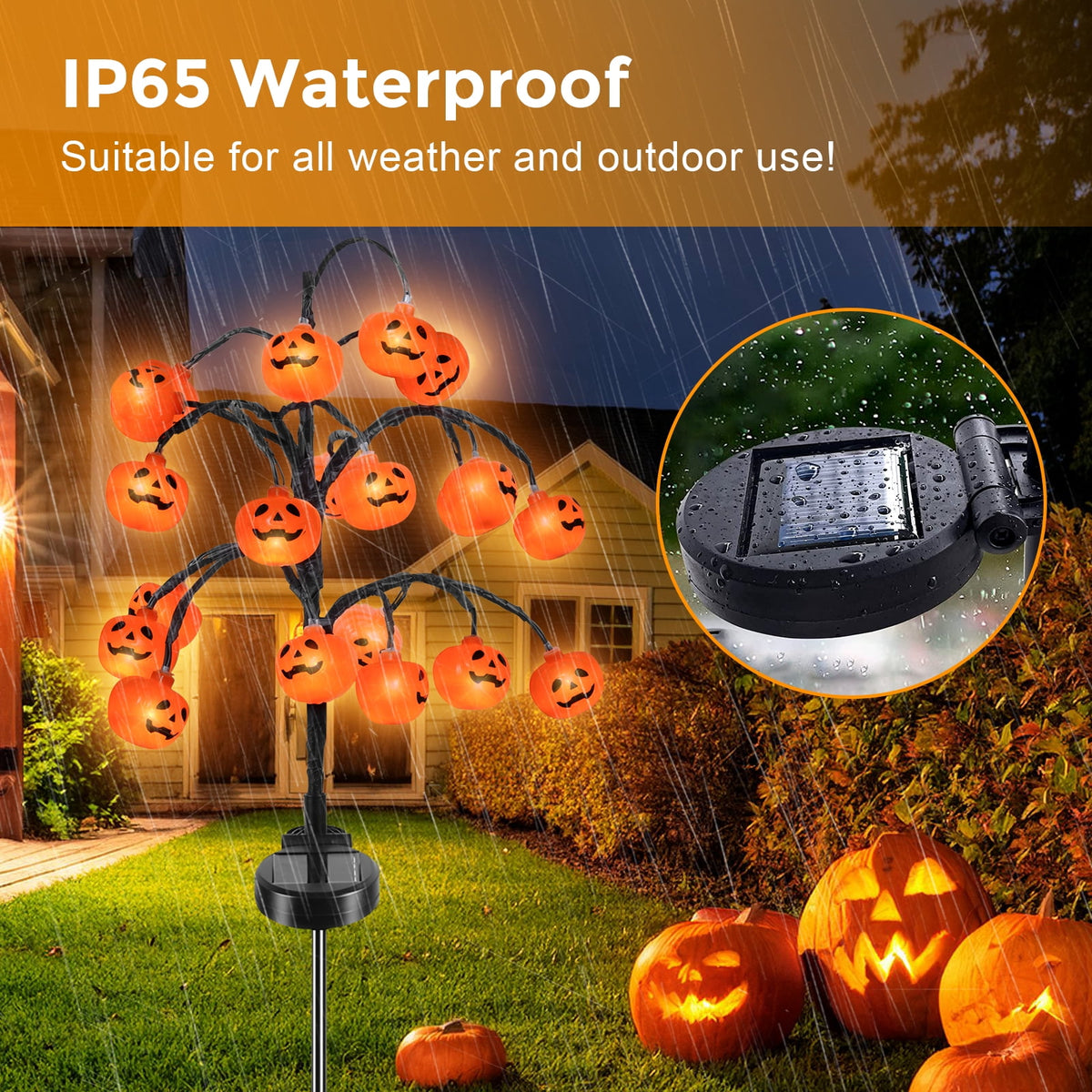 Haunt & Co 2 packs 40 LEDs Solar Halloween Pumpkin Stake Lights, 2 Modes Outdoor Waterproof , Solar Halloween Lights Stakes
