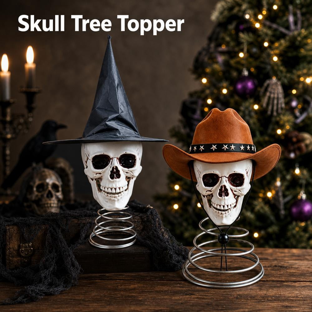 Haunt & Co Halloween Tree Topper, Skeleton Xmas Tree Topper, Halloween Skeleton Trees Decoration, Plastic Skull Ornament with Metal Spring Base, Spooky Holiday Home Party Decor