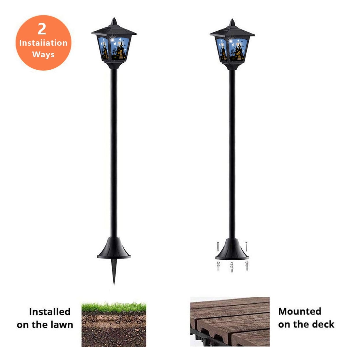 Haunt & Co 2-Pack Haunted House Solar Post Lights - Spooky with Eerie Glow, 40" Rust-Proof Stake, Auto On/Off