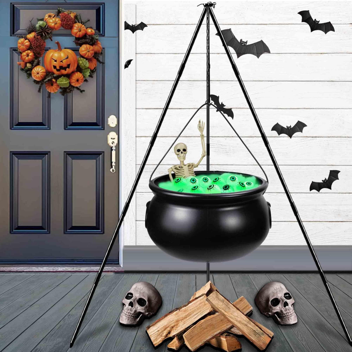 Haunt & Co YIKA Halloween Decoration Tripod Witch Pot Lamp Decorative Strip With Skeleton Man Halloween Ornaments