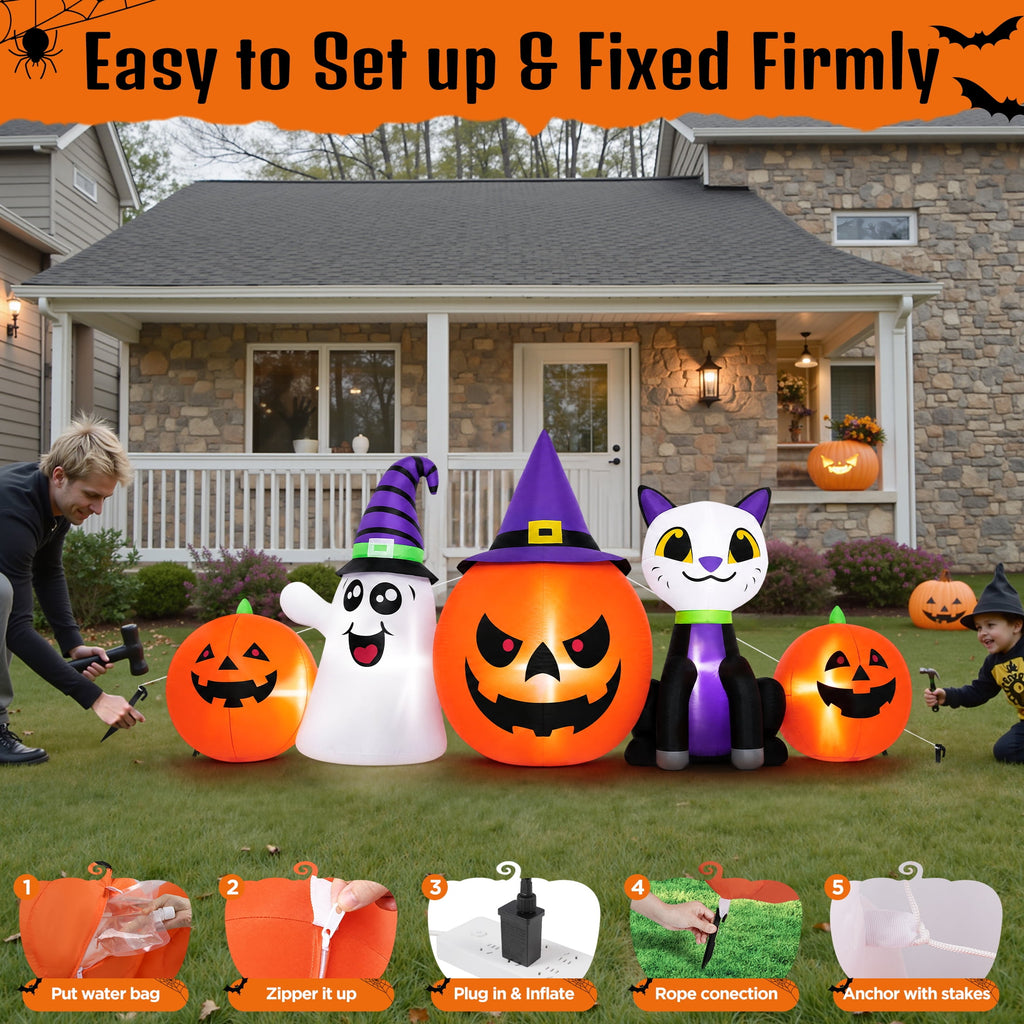 Haunt & Co (2 pack) 8FT Halloween Inflatable Pumpkins Ghost Cat with Lights,Blow ups Outdoor Decorations