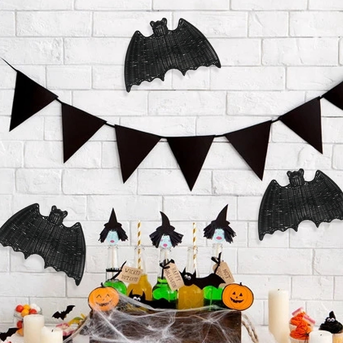 Haunt & Co Halloween Gift Wicker Bat Hanging Ornament, Spooky Woven Black Bat Wall Decor for Home Mantel Door Party Decoration