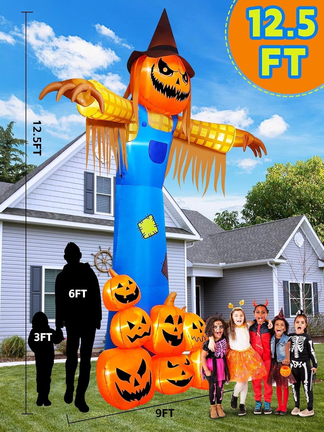 Haunt & Co 12.5 FT Halloween Inflatables with Music, Giant Pumpkin Scarecrow Inflatable with LED Light with Scary Sound