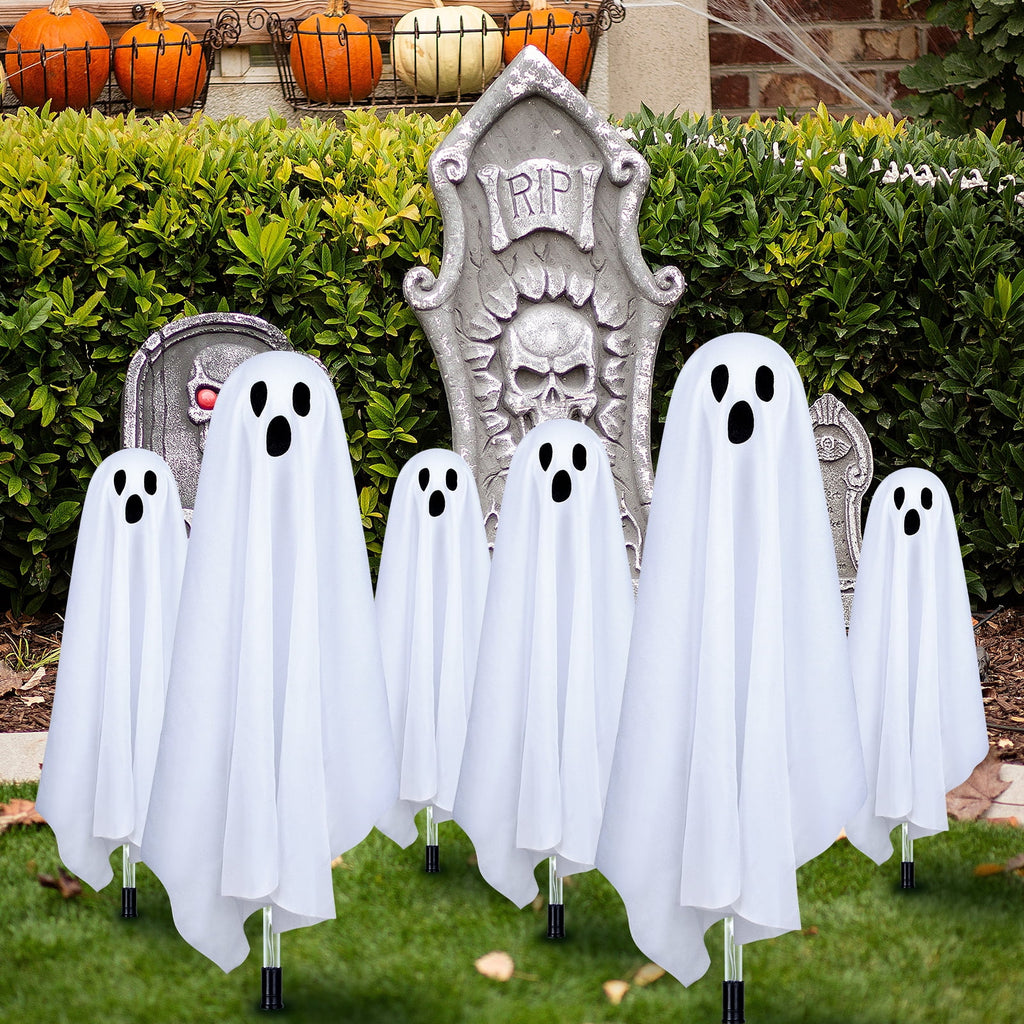 Haunt & Co Outdoor, 6 pack Light up Spooky Ghosts with 8 Modes LED Light - Scary Standing Ghosts Decor for Front Door Porch Yard Home Party