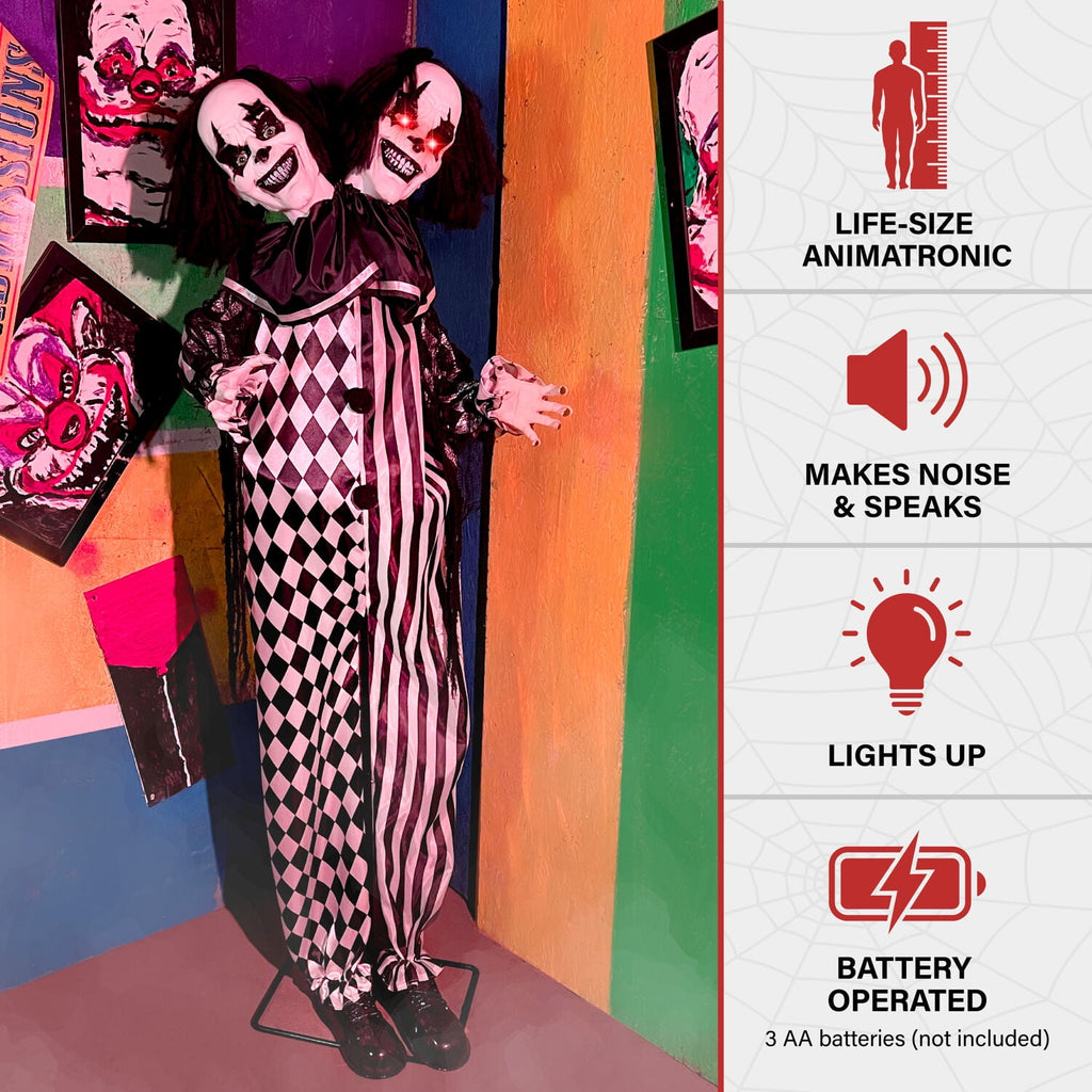 Haunt & Co Lifesize 5.5 ft Animatronic Two-Headed Clown with Lights and Sound, Indoor/Outdoor