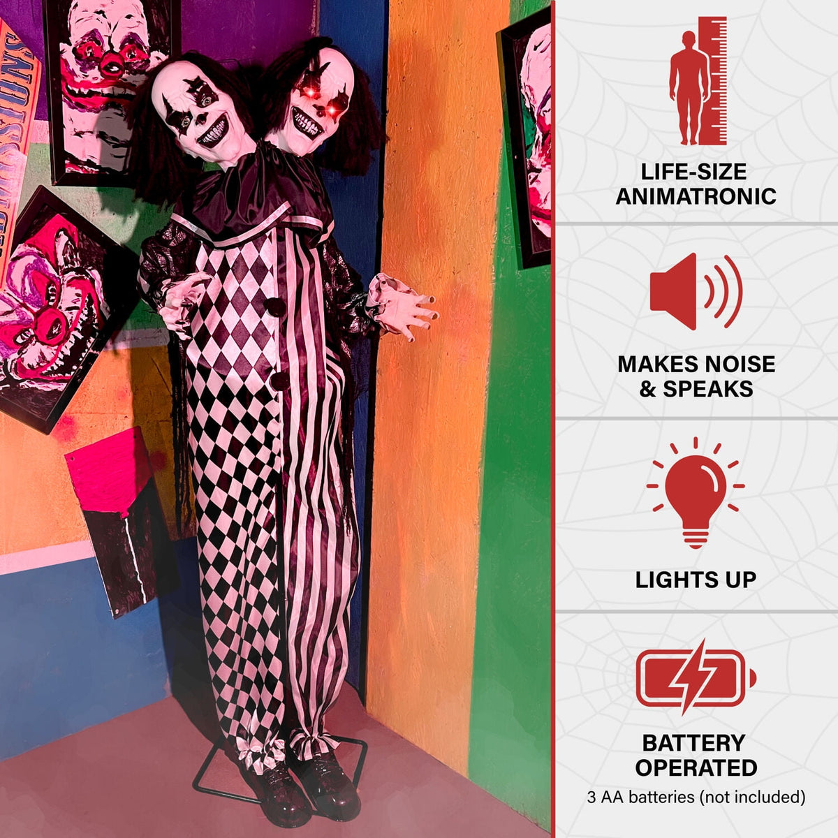 Haunt & Co Lifesize 5.5 ft Animatronic Two-Headed Clown with Lights and Sound, Indoor/Outdoor