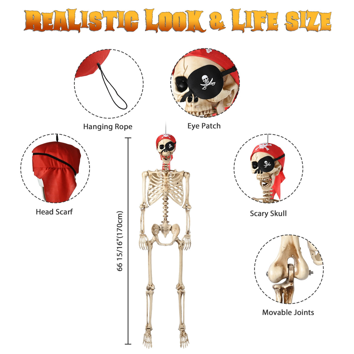 Haunt & Co Yescom Pirate Life Size Skeleton Poseable Full Size 5.6 Ft Haunted House 2026