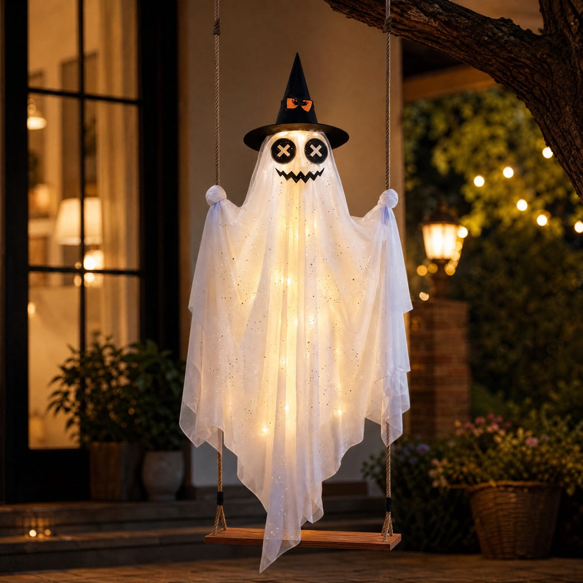 Haunt & Co Halloween Witch Hat Swinging Ghost Ornament, Flexible Anti Deform Structure Quick Mount Soft Cute Appearance, Fabric Ghost Pendant, Hanging Decor for Porch Indoor Holiday Party Space
