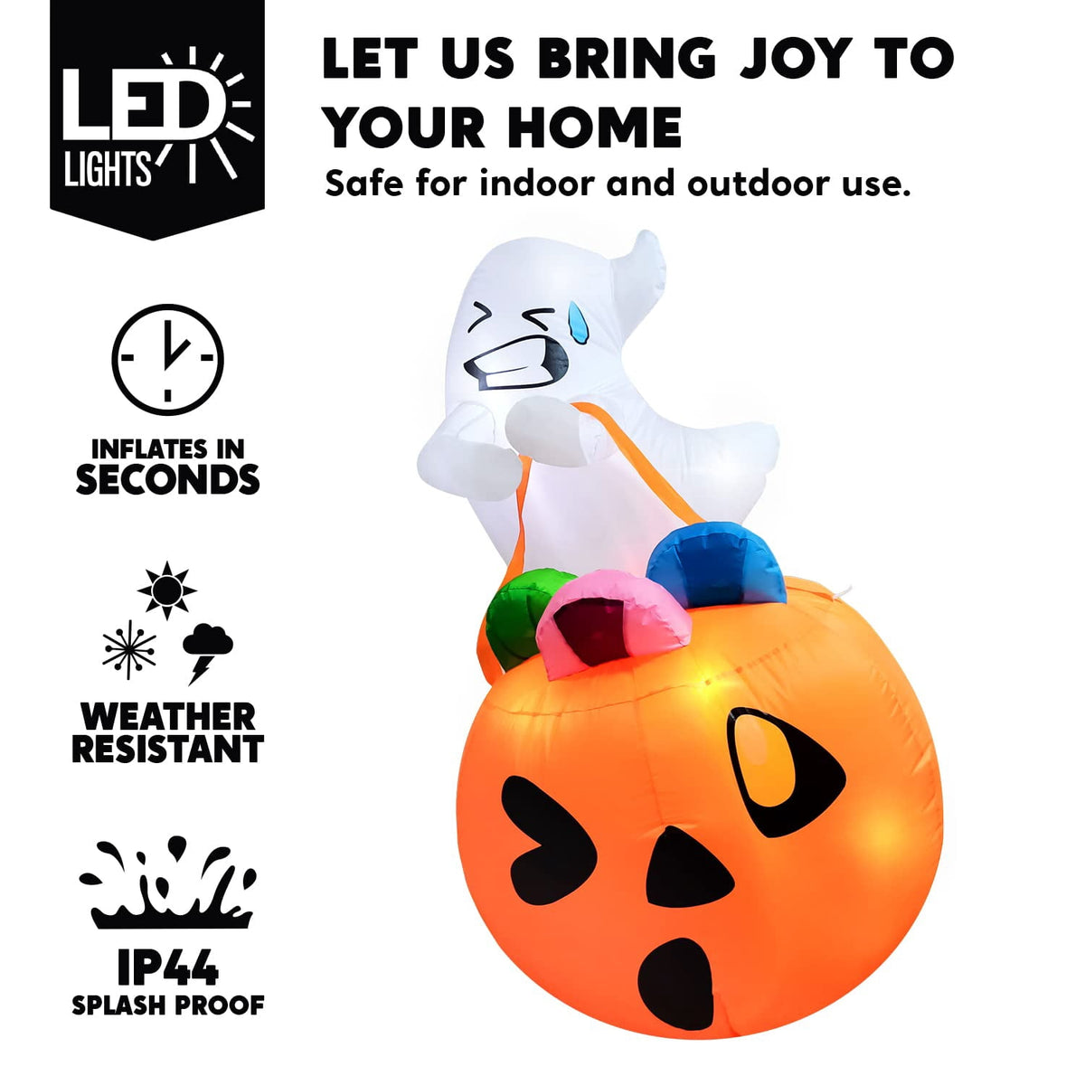 Haunt & Co 5ft Halloween Inflatables Light up Cute Ghost,Blow Up Ghost Lift Pumpkin Candy Bag with Build-in LEDs