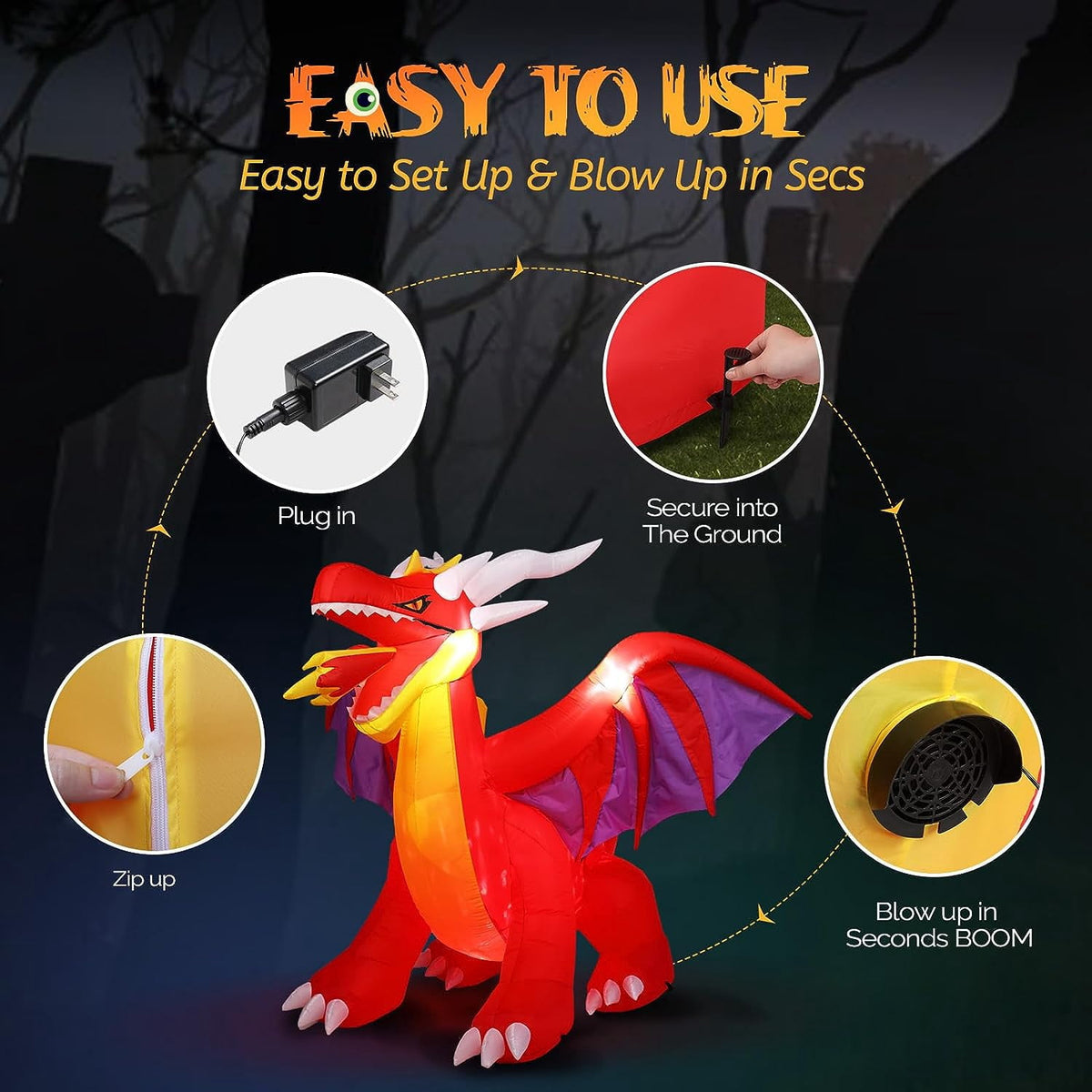 Haunt & Co VINGLI 6FT Tall Halloween Inflatables Outdoor Decorations, Blow Up Scary Fire-Breathing Dragon , Built-in LED Lights Décor