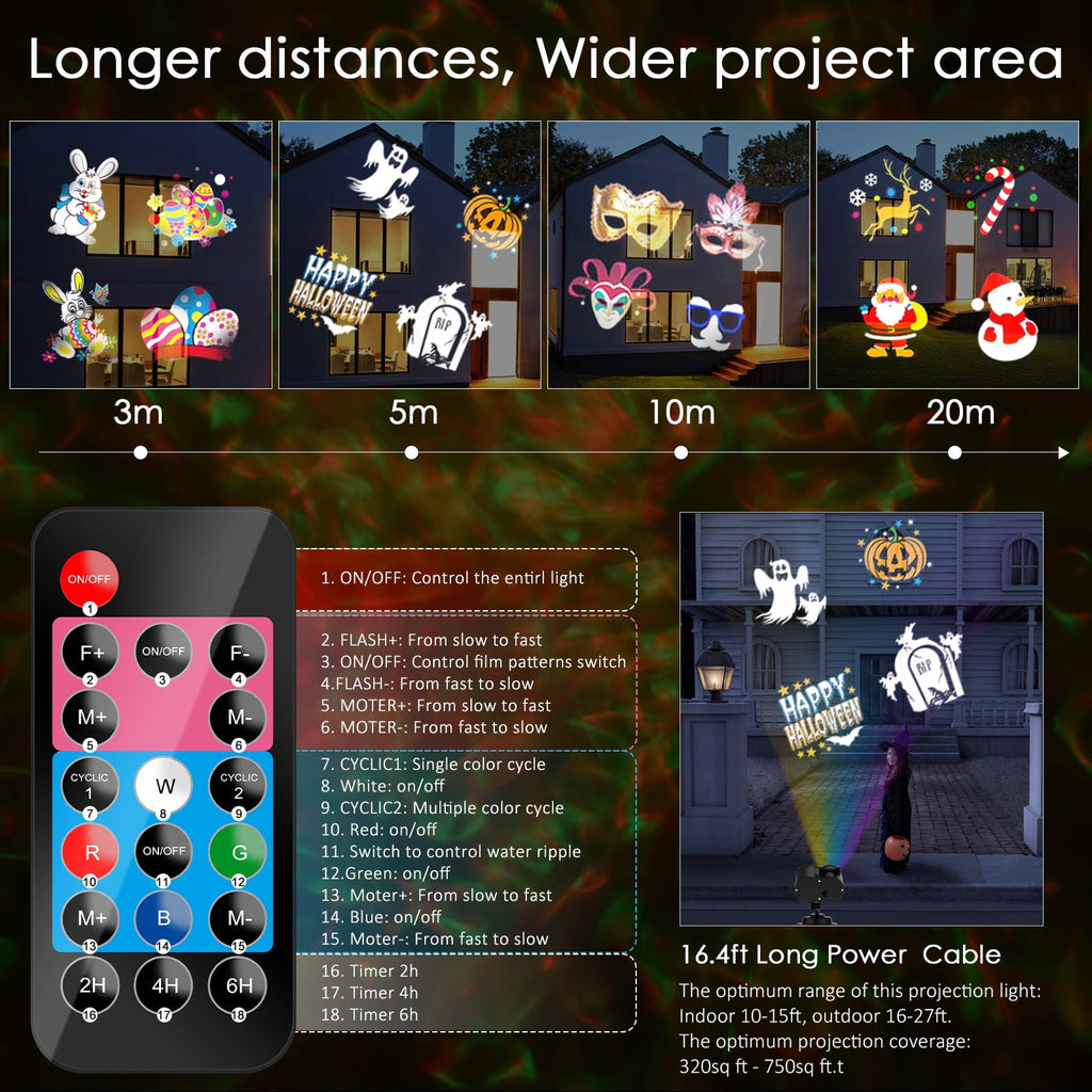Haunt & Co Outdoor HD projector light, remote control 16 switchable modes, Christmas Halloween celebrations, birthdays, weddings and parties, waterproof light show