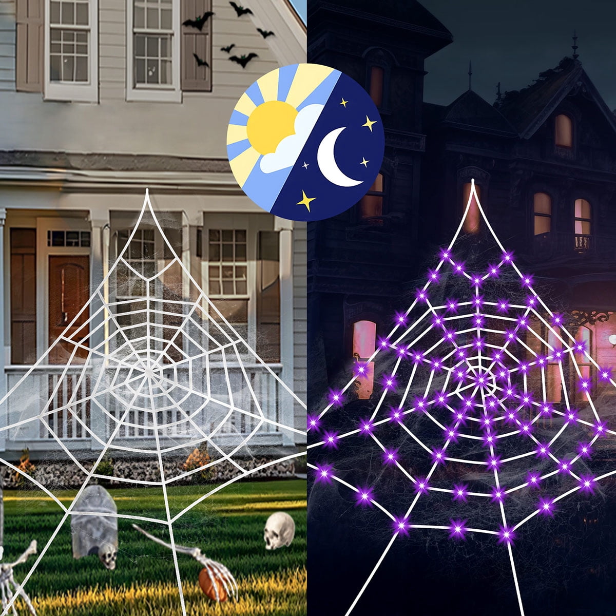 Haunt & Co HKKDKTA Halloween Spider Web Lights Decoration, 250 LED Giant Spider Web 16.4ft Light Up Halloween Web Lights