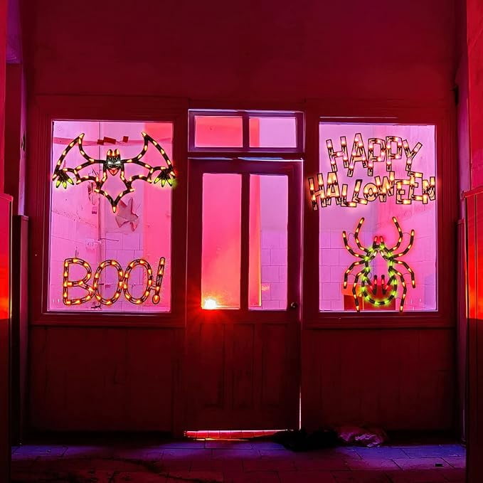 Haunt & Co 4-Pack Halloween Lighted Window Silhouette Lights, LED Hanging Ornaments with Cobweb, Pumpkin, Cat and Skull Designs