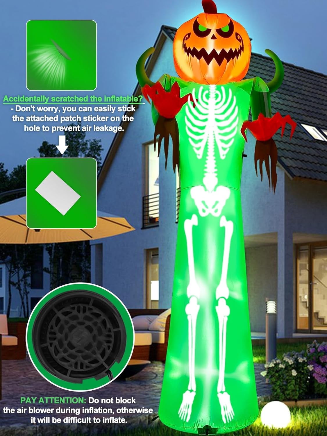 Haunt & Co 12FT Halloween Inflatable with LED Lights - Giant Pumpkin & Skeleton Outdoor Decoration