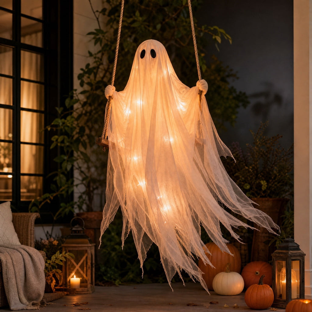 Haunt & Co Gaecuw 59 Inch Halloween Hanging Swing Ghost Decoration, Light-Up Gauze Ghost Ornament for Tree Yard Porch Outdoor Decor, As Shown