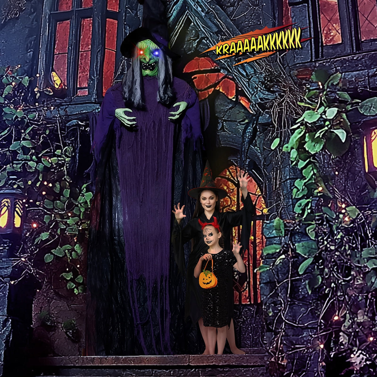 Haunt & Co 12ft Witch Animated Animatronic Decoration Creepy Halloween Hanging Witch w/ Pre-Recorded Screaming