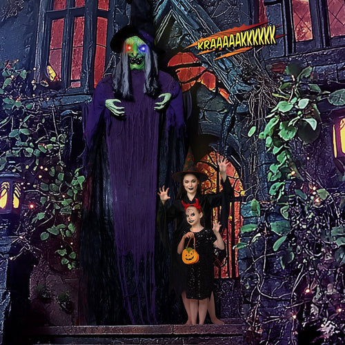 Haunt & Co 12ft Witch Animated Animatronic Decoration Creepy Halloween Hanging Witch w/ Pre-Recorded Screaming