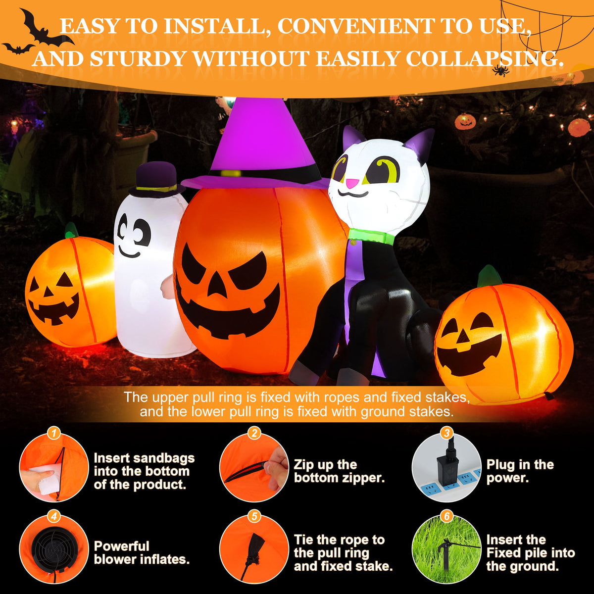 Haunt & Co 8ft Halloween Inflatable Pumpkins Outdoor Decor with Black Cat and Spectre,Built-in LED Lights