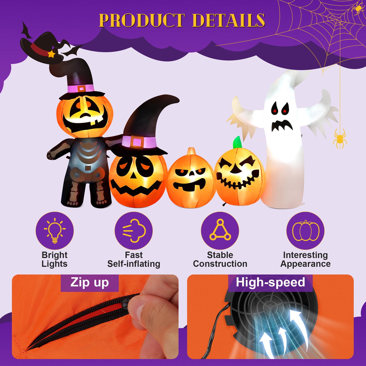 Haunt & Co Vrilay Halloween Inflatables, 7 FT Long 4 Pumpkins with Cute White Ghost Outdoor Decorations, Built-in LEDs, Blow Up Party, Waterproof Yard, Garden, Lawn Decor