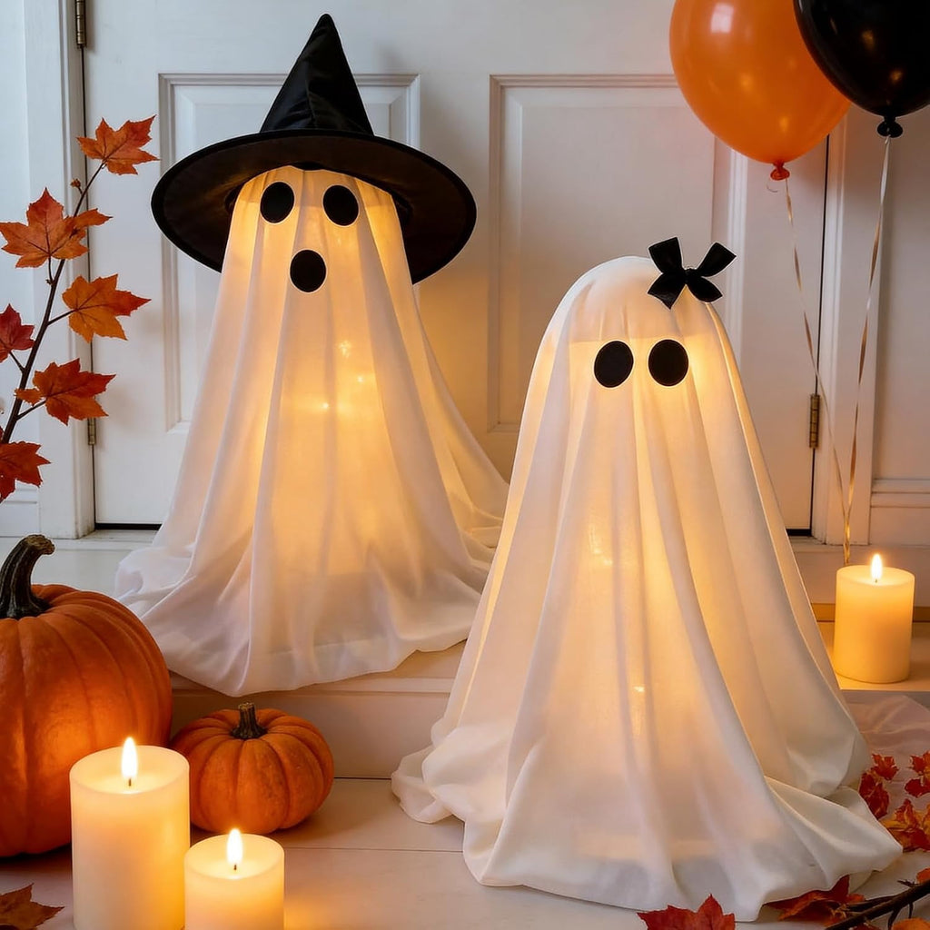 Haunt & Co 2PCS Halloween Ghost Light Set Decoration, Cute Ghost Light up for Home Halloween Party Tabletop Kitchen Counter Fireplace Mantle Decoration