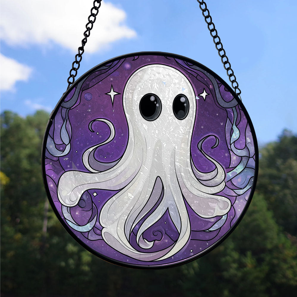 Haunt & Co Modern Christmas Gift - Halloween White Ghost Purple Starss Spooky Stained Glass Hanging Ornament for Christmas - Holiday Tree Decor, Great Gift for Family & Friends, Mom and Dad Edition 2025