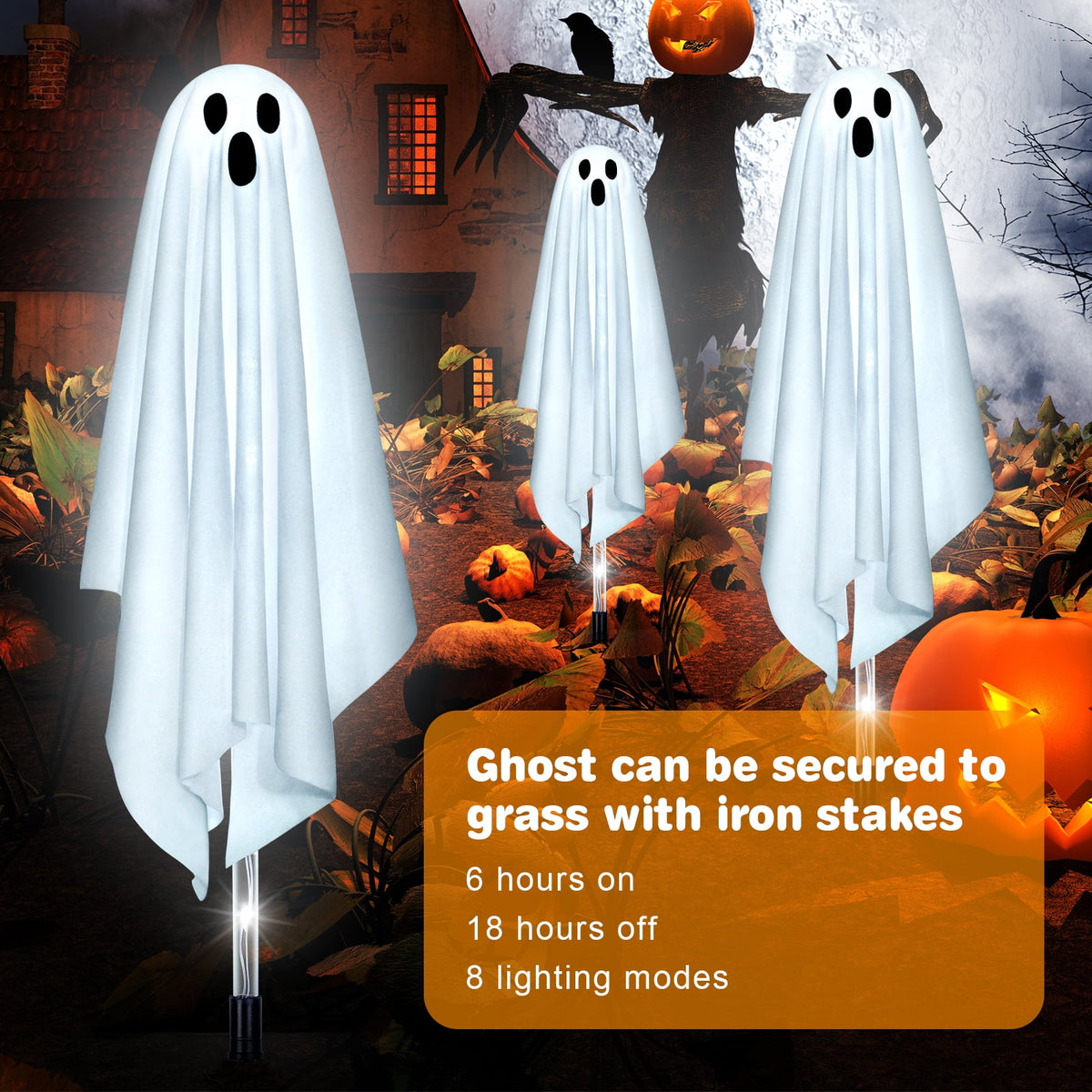 Haunt & Co Outdoor, 6 pack Light up Spooky Ghosts with 8 Modes LED Light - Scary Standing Ghosts Decor for Front Door Porch Yard Home Party