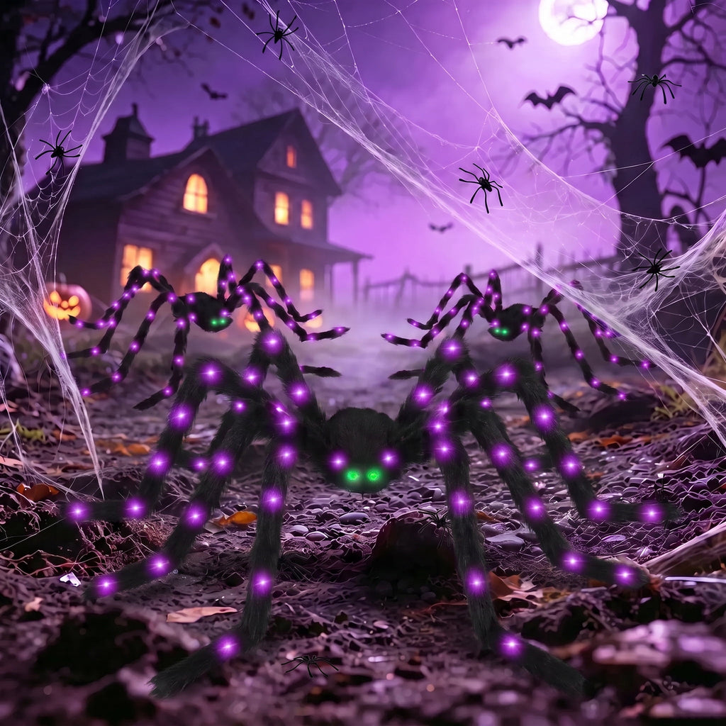 Haunt & Co Halloween Spider Decorations Set, 5FT and 2 Pack 4FT Lighted Giant Spider Decorations