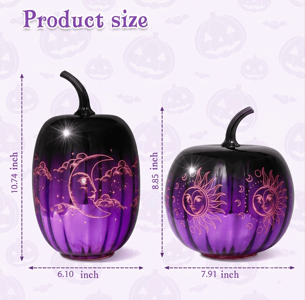 Haunt & Co 2pcs Fall Halloween Pumpkin-Purple Glass Pumpkin Ornament with Enchanted Moon & Star Pattern and Built - in Fairy Lights for Decor