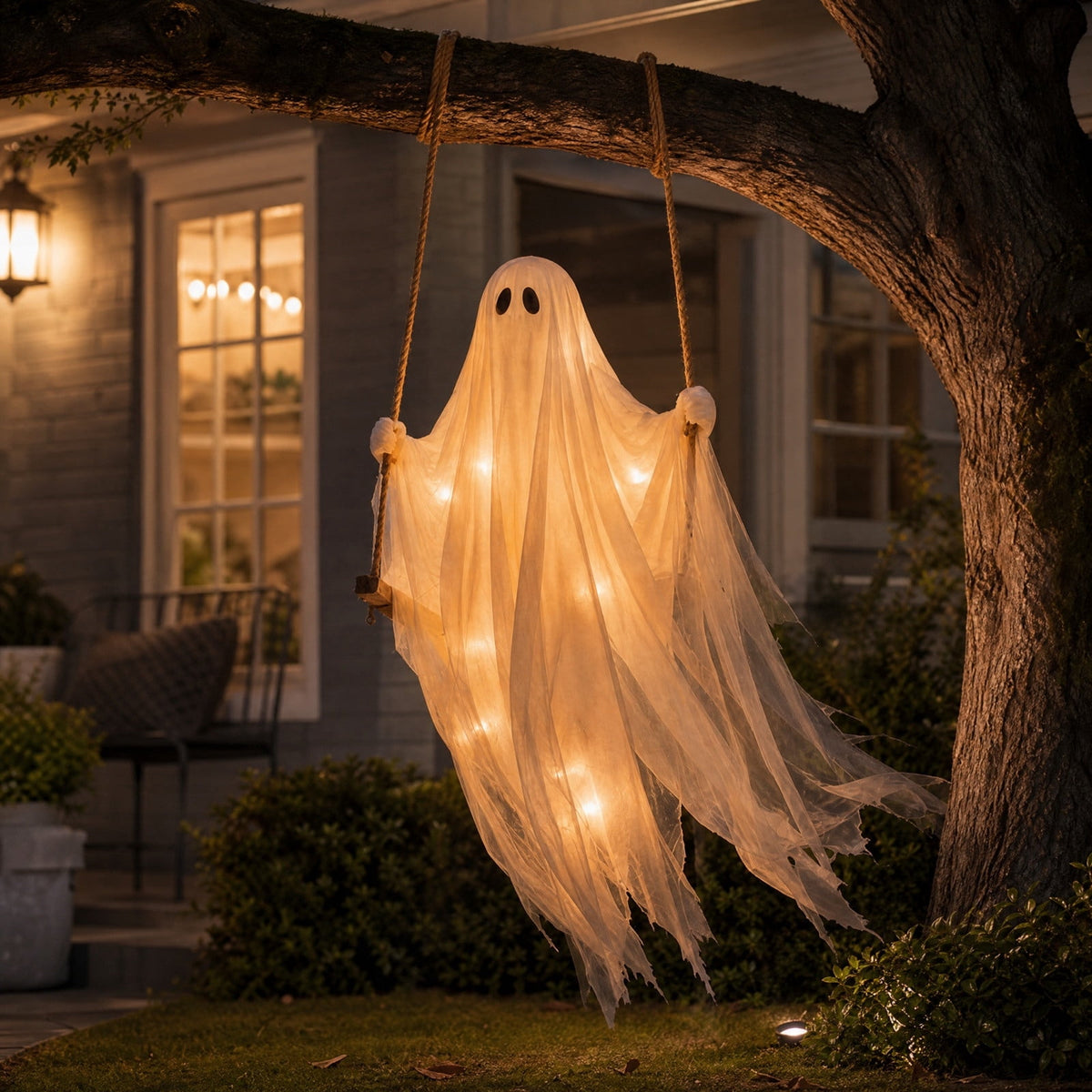 Haunt & Co Gaecuw 59 Inch Halloween Hanging Swing Ghost Decoration, Light-Up Gauze Ghost Ornament for Tree Yard Porch Outdoor Decor, As Shown